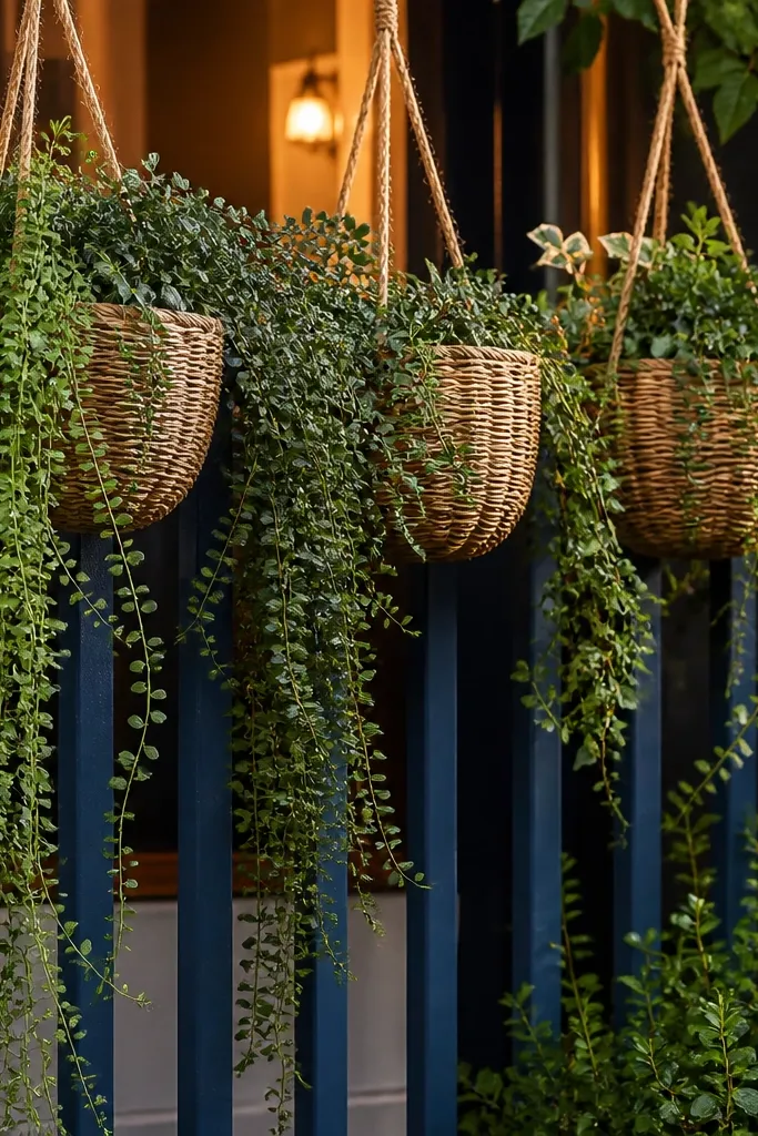 Navy balcony railing with woven hanging planters and cascading greenery