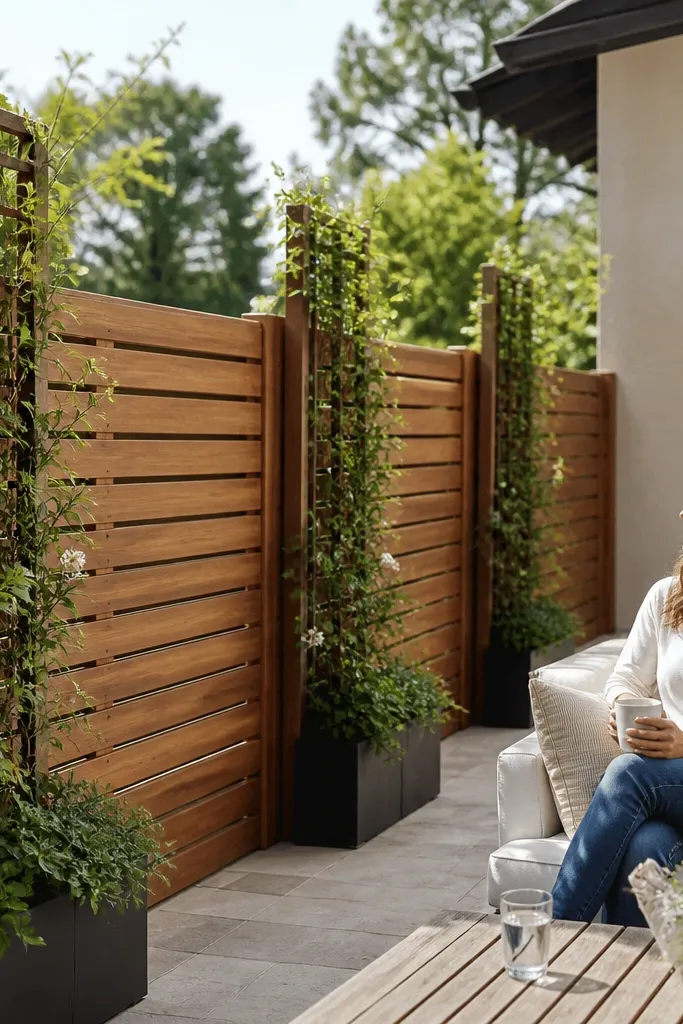 Teak-look slat balcony railing with vertical trellis and climbing plants