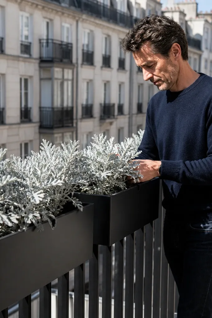 Black planters on a balcony railing with silver-gray plants