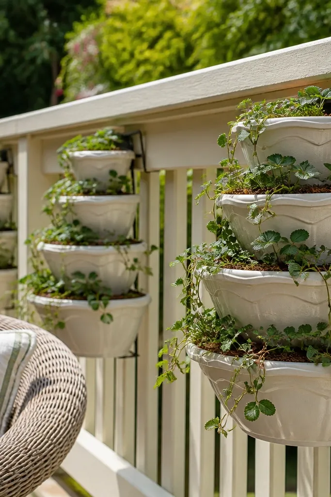 Cream balcony railing with clustered planters and strawberry-like plants