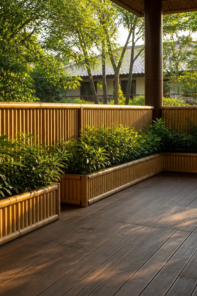 Bamboo privacy railing with matching planter boxes and green plants