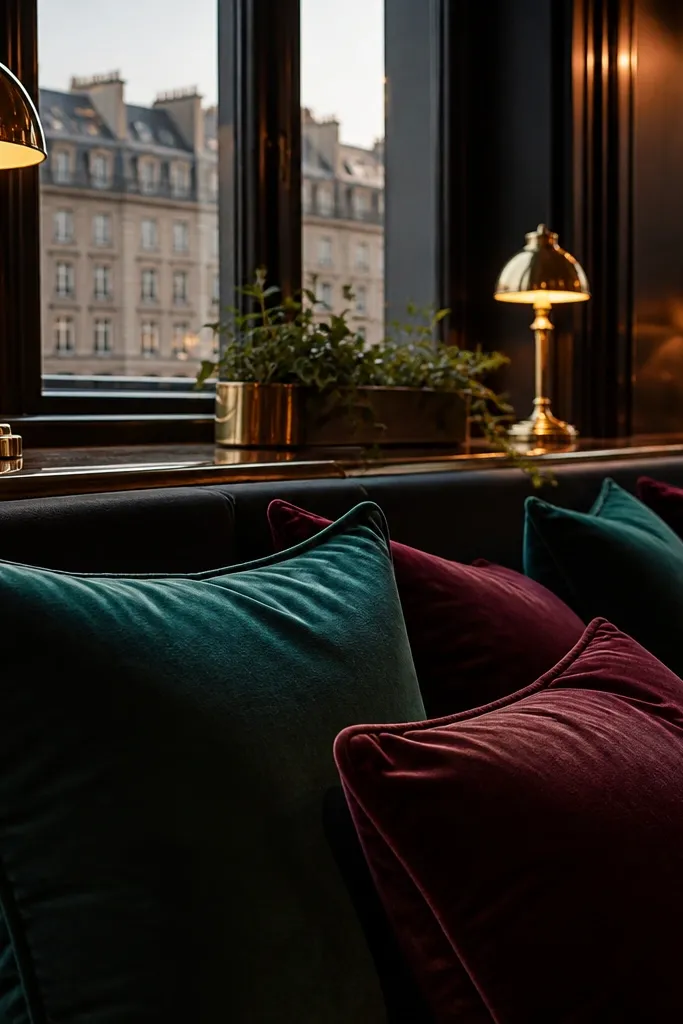 Deep jewel-toned bay window seat with brass accents, velvet cushions, and warm brass-style puck lights behind plants