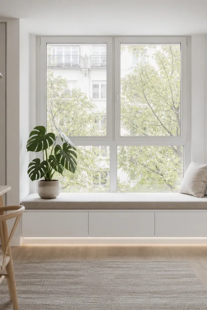 White storage bay window seat with clean trim, a back ledge for plants, and soft white LED strip lighting