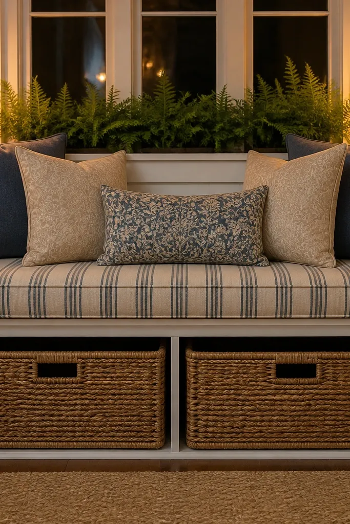Farmhouse bay window seat with striped cushions, wicker baskets inside storage, and warm bulb lights on the ledge