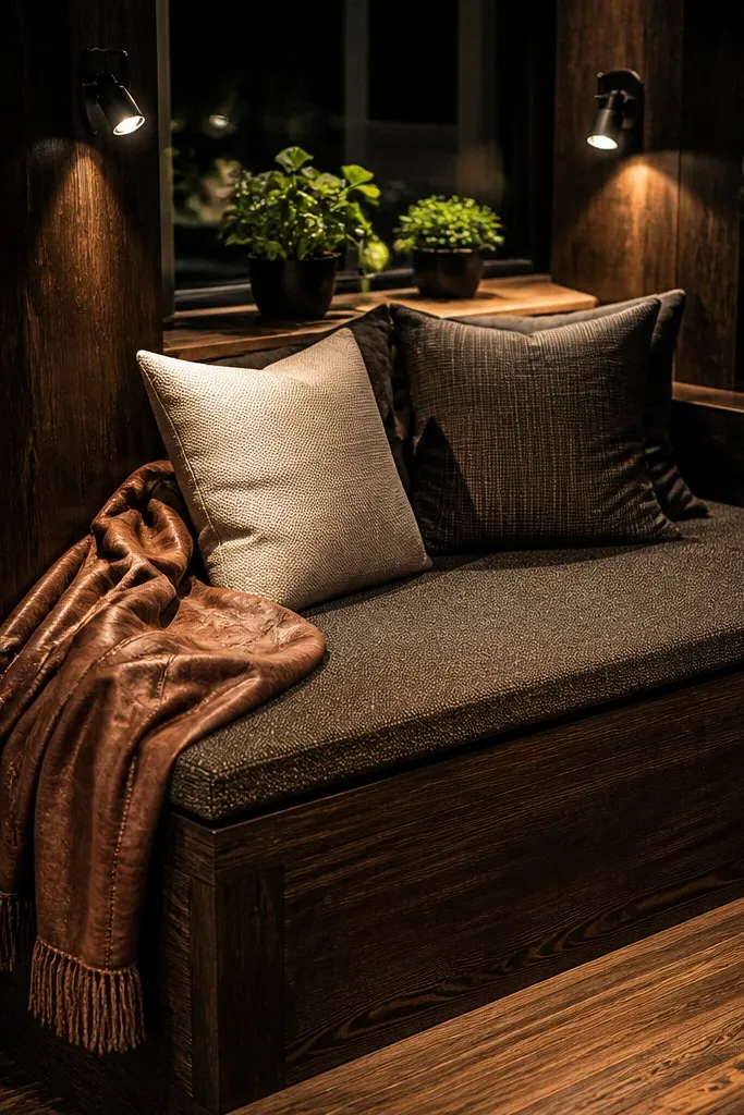 Dark walnut bay window seat with leather throw and focused reading lights aimed across the cushion