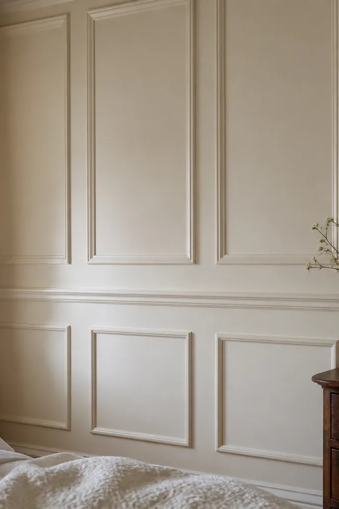 Cream picture-frame wainscoting with evenly spaced rectangular panels
