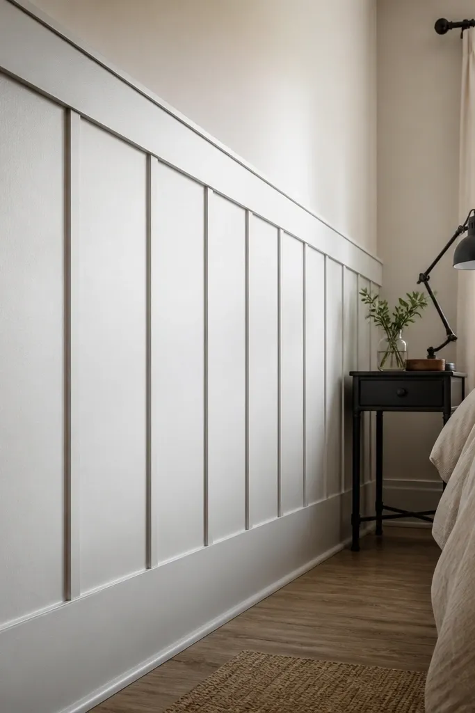 Matte white board-and-batten wainscoting with vertical stripe rhythm