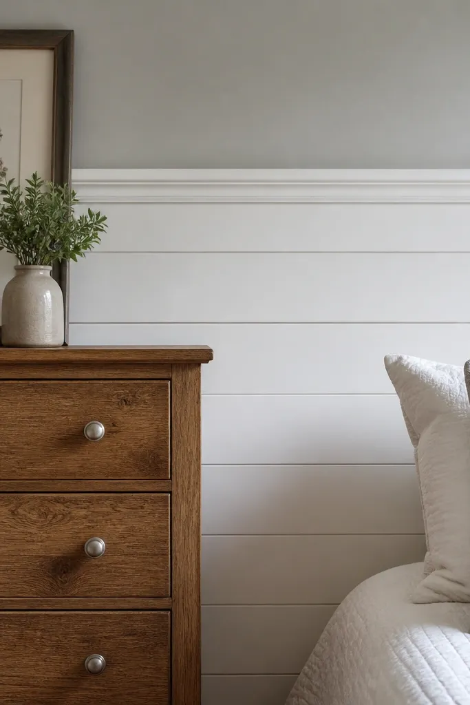 White chair rail with horizontal shiplap below and solid paint above
