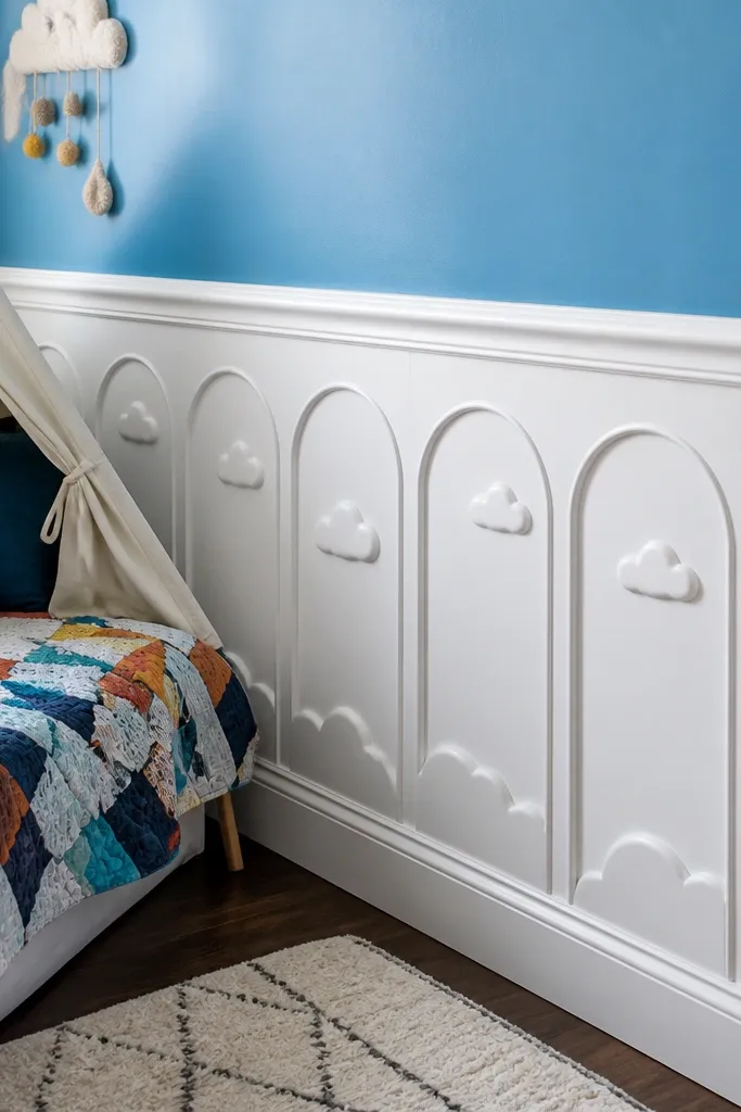 White molded panel wainscoting with bright colored wall above