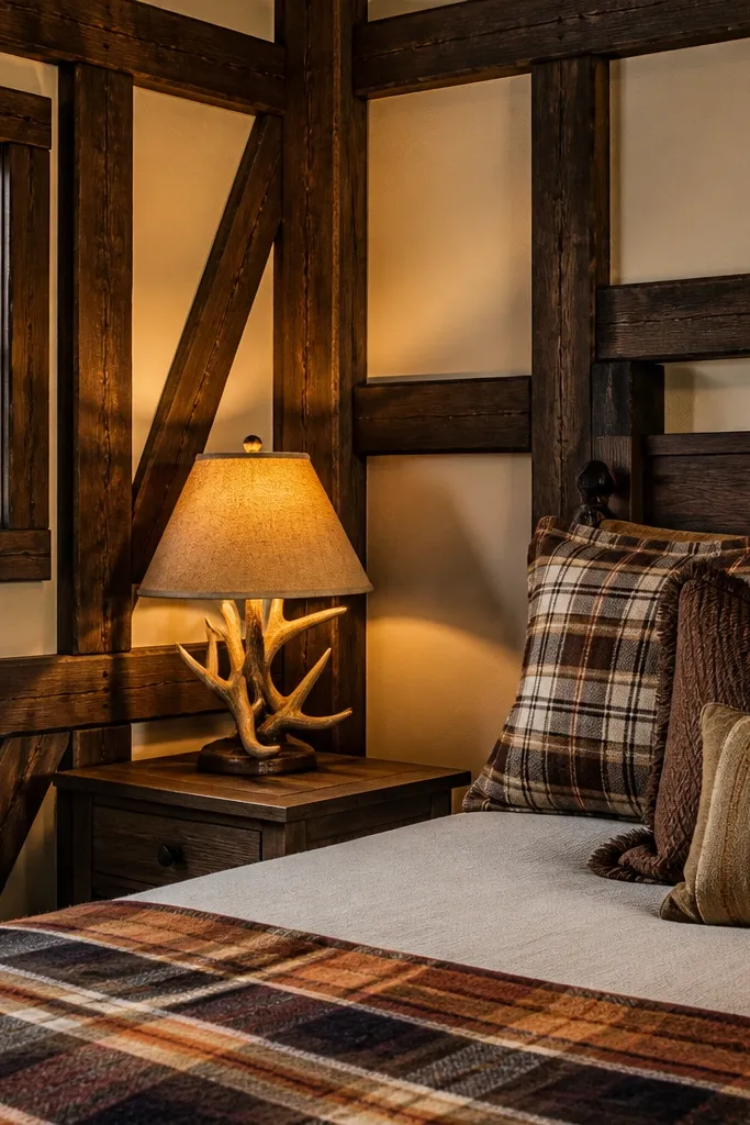 Dark stained framed wainscoting with faux beam rectangles