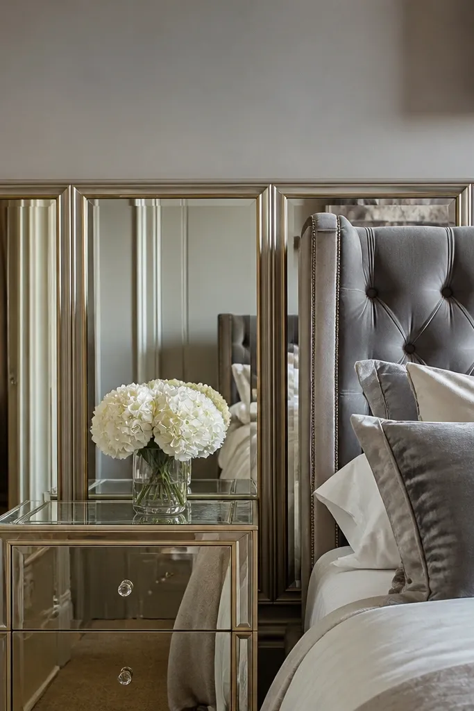 White framed wainscoting with reflective panels in the lower section