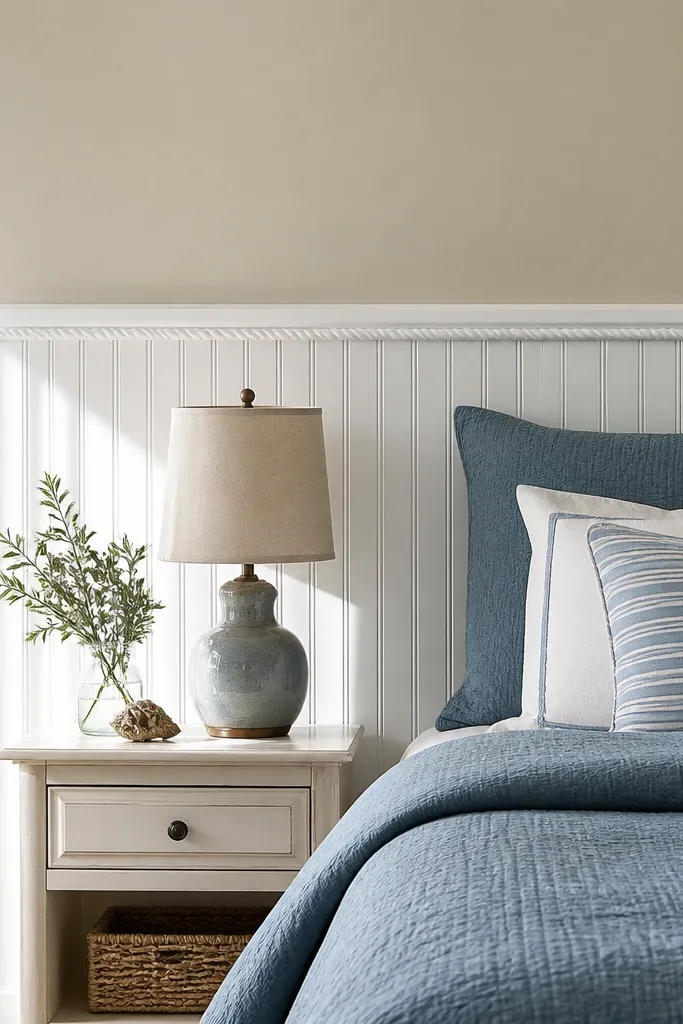White vertical board wainscoting with small decorative trim detail