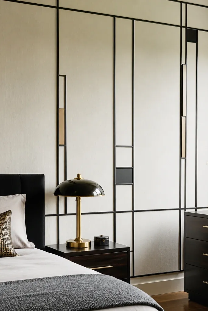 Black framed geometric wainscoting with pale walls above