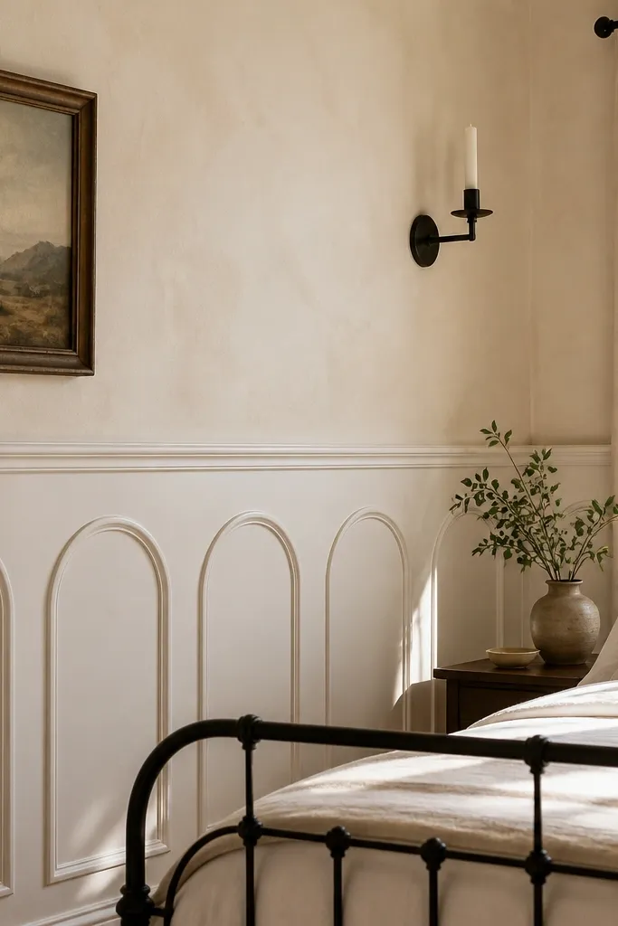 White wainscoting with arched frame tops and warm wall color above