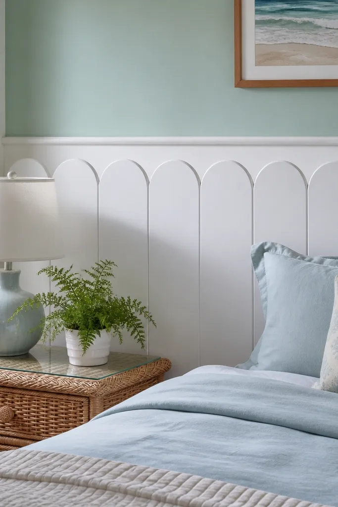 Light trim wainscoting with scalloped panel edge detail