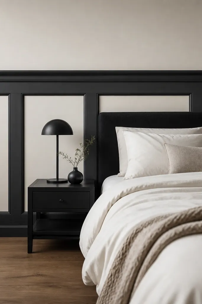 Dark trim wainscoting with light paneled sections and a matching chair rail