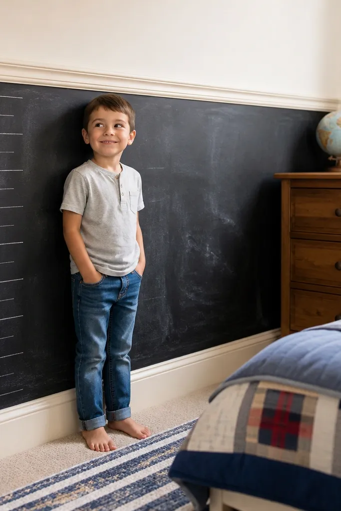 White wainscoting border with a chalkboard strip area above
