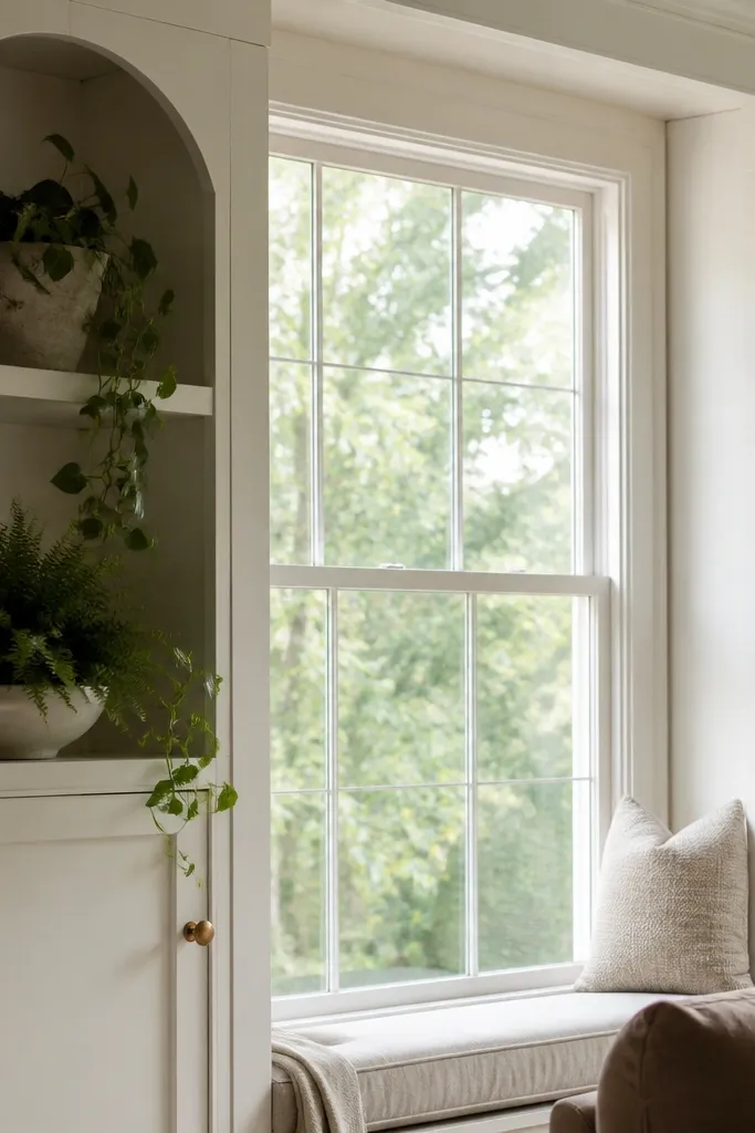 White shaker shelves framing a window with arched openings and small plants