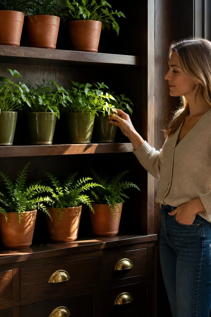 Dark walnut shelves with brass pulls and plants in tiered openings