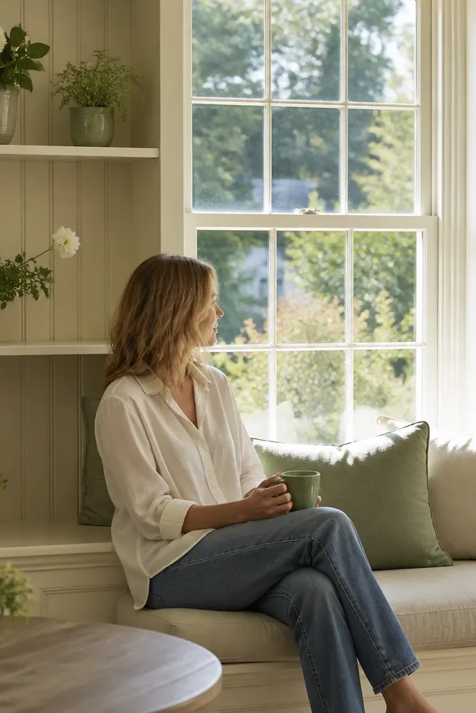 Pastel painted shelves with beadboard backs and small plants by a window