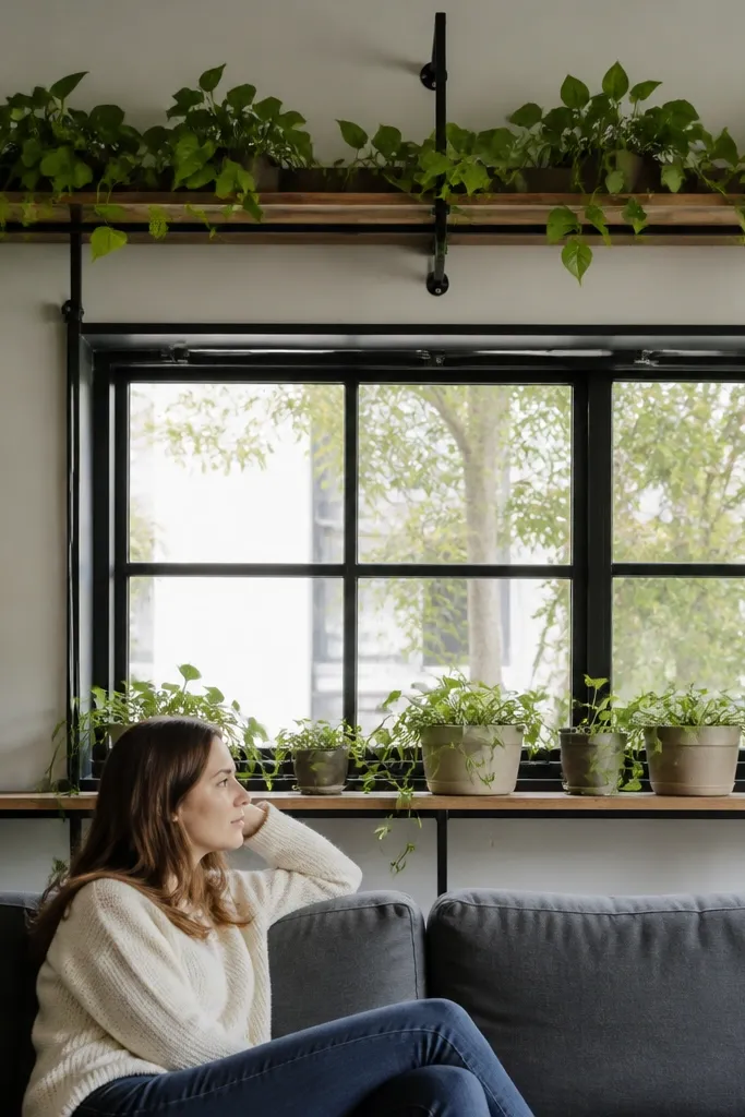 Wood shelves with black metal grid framing around a living room window and plants