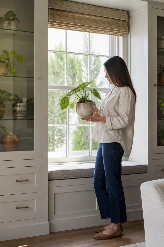 Linen painted shelves with glass doors framing plants near a window