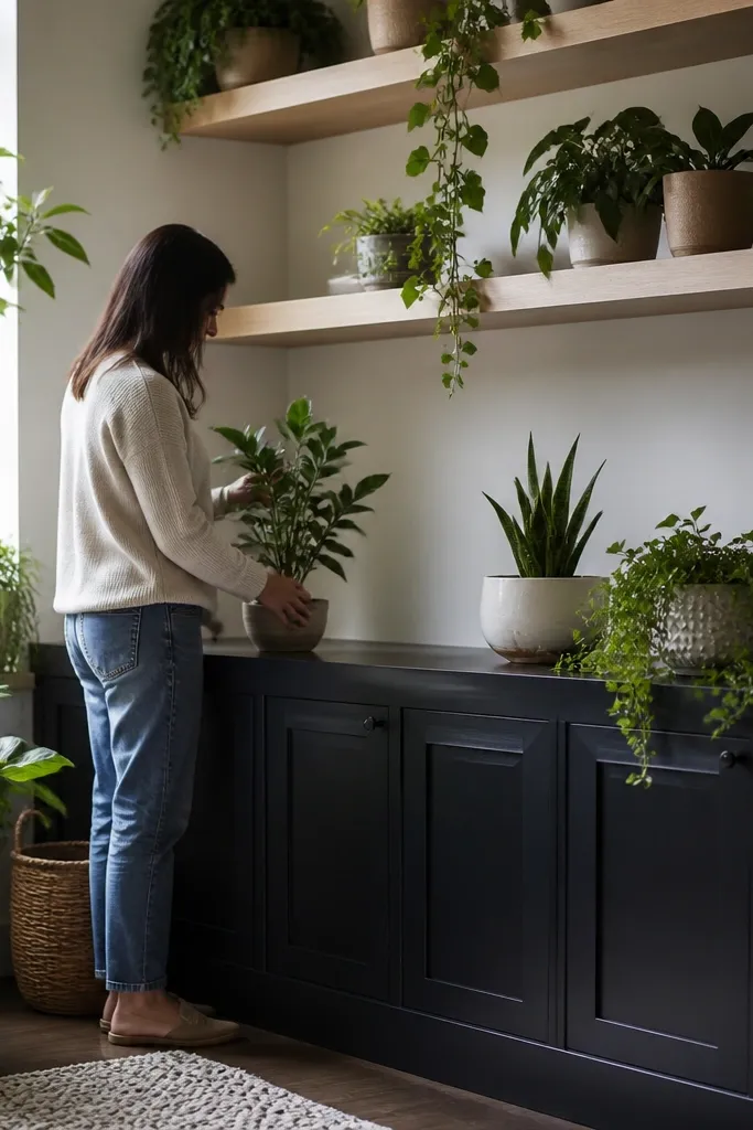 Two-tone shelves around a window with light upper shelves and dark lower cabinets plus plants