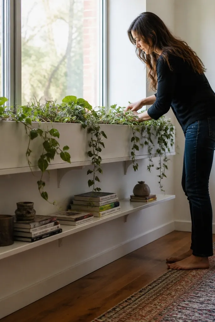 Floating wood shelves around a window with a long planter trough beneath