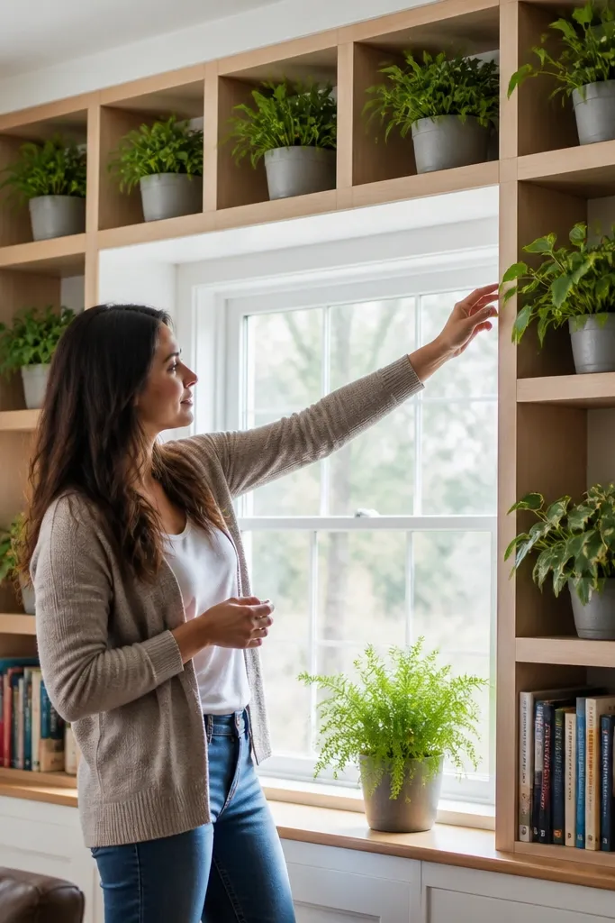 Shallow bookcases with small plant pockets above and around a window