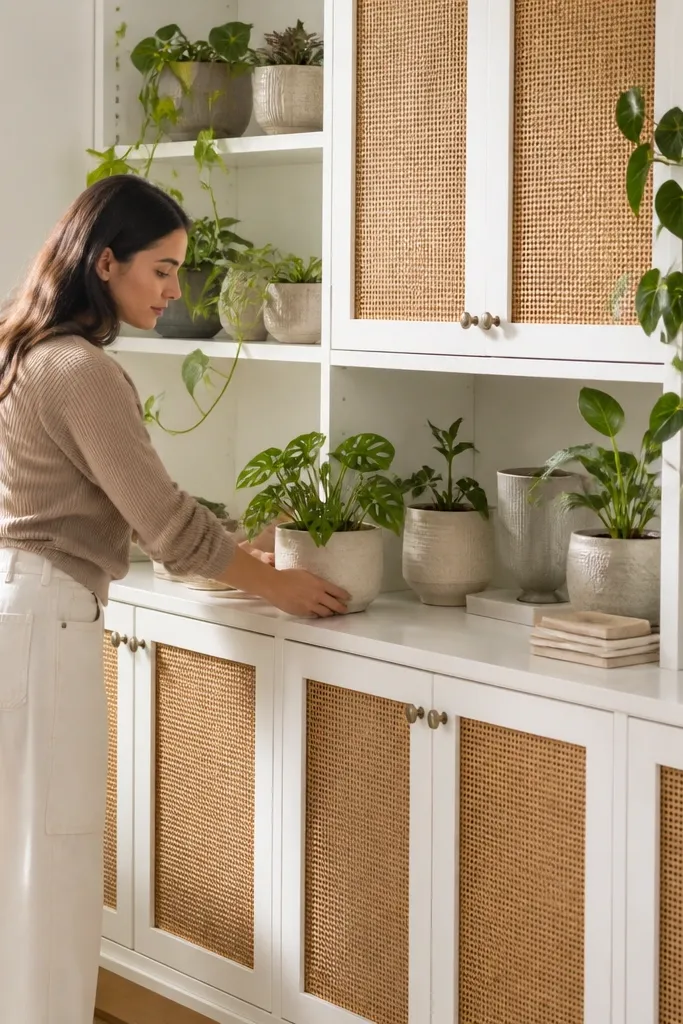 Coastal white shelves with rattan inserts and plants by a window