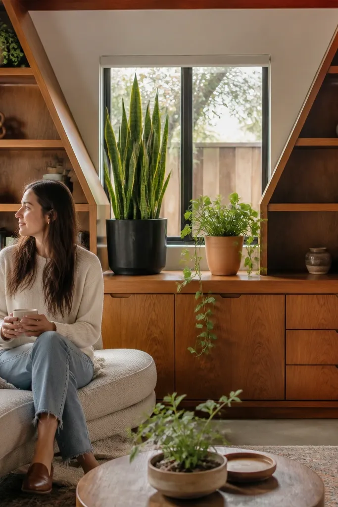 Midcentury style shelves with angled ends around a window and geometric planters