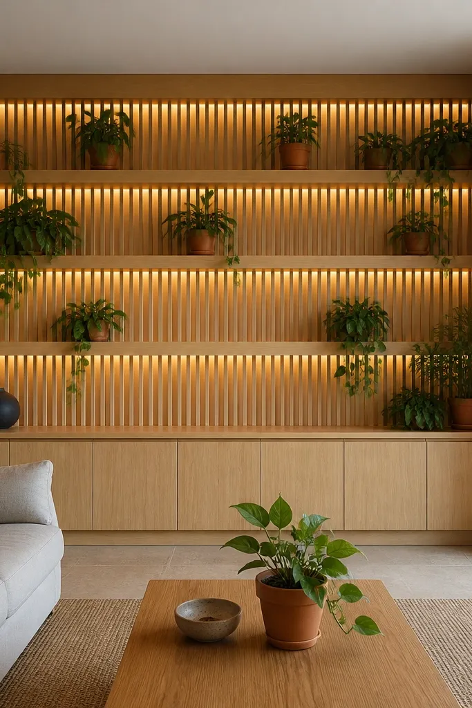 Light oak shelves with vertical slat backs around a window and plants