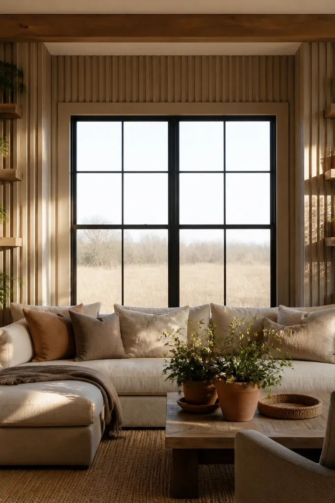 Board-and-batten built-ins around a window with plants on tiered shelves