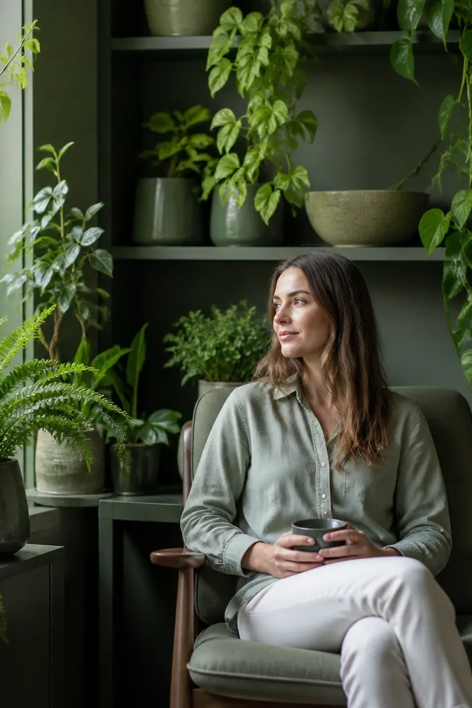 Monochrome green shelves around a window with layered plant stands