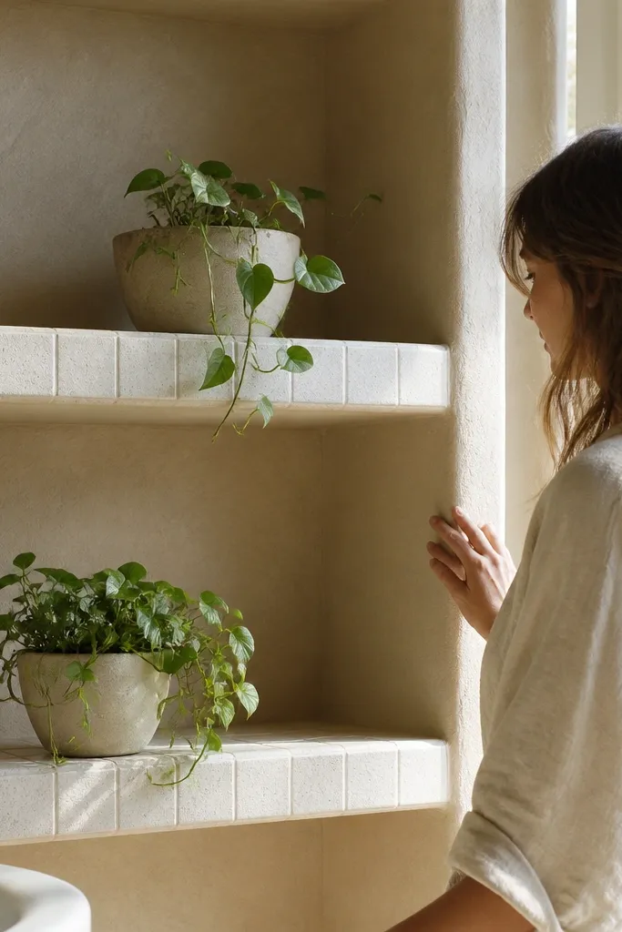 Textured plaster shelves with ceramic tile shelf fronts and plants near a window