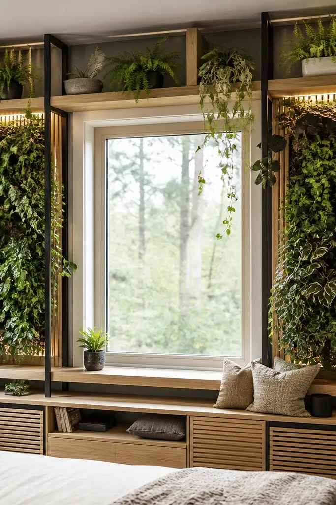 Open-frame shelves around a window with vertical planter panels and trailing plants