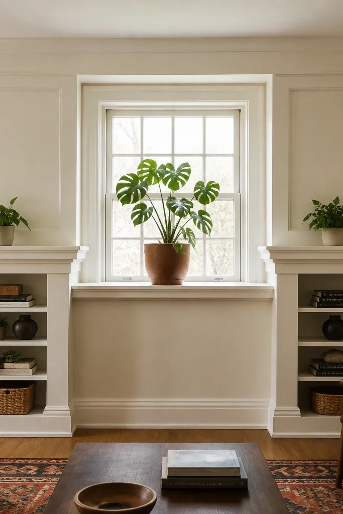 Classic mantel-style shelves around a window with a centered plant shelf and decor