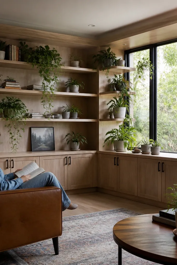 Corner shelves wrapping around a window with plants on angled shelves