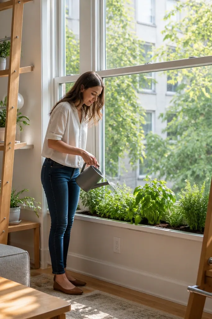Ladder shelves flank a window with a long herb planter shelf below