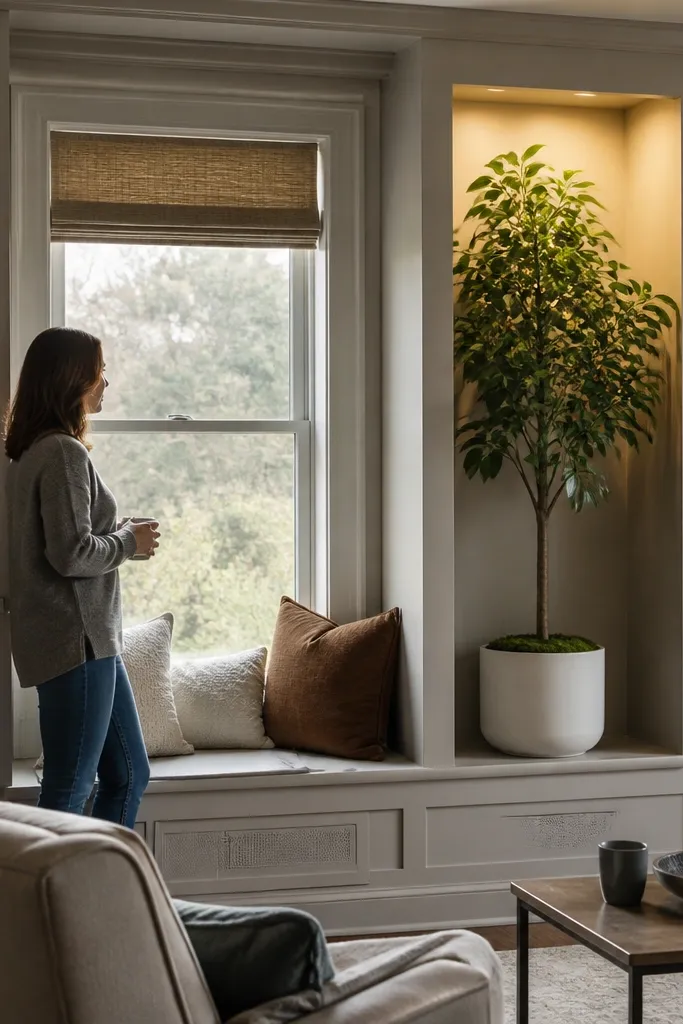 Framed built-ins with a window-height niche and a neat LED strip