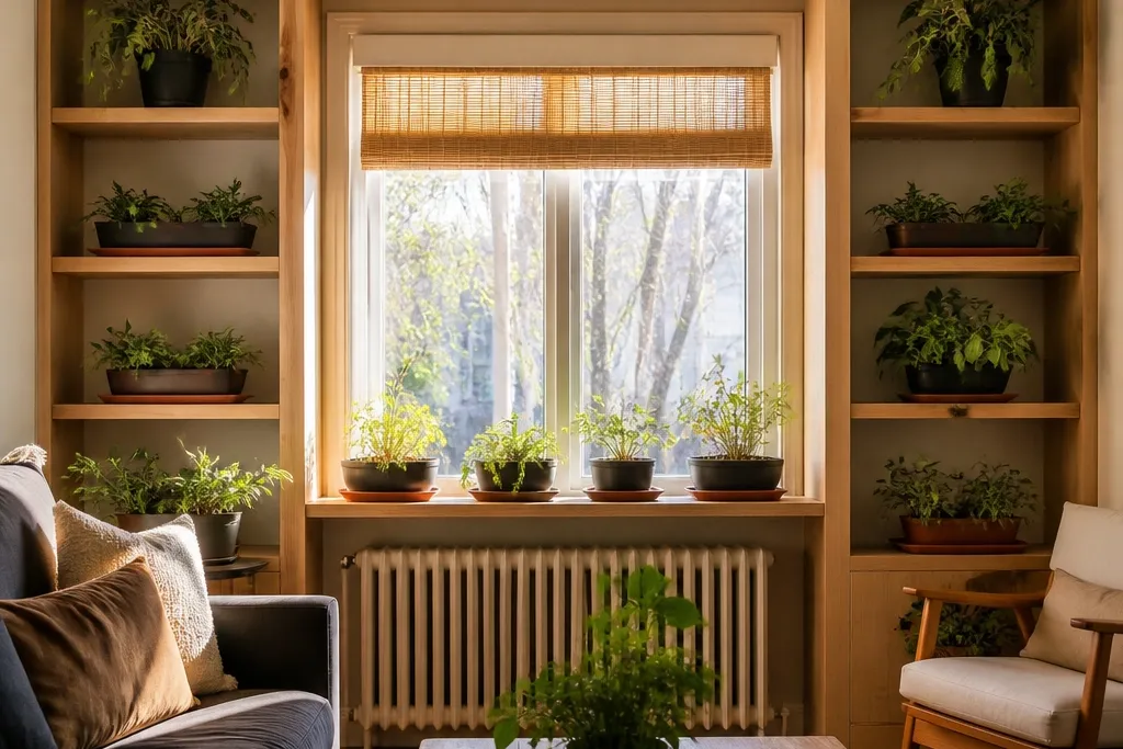 Themed Built-In Shelves Living Room With Plants