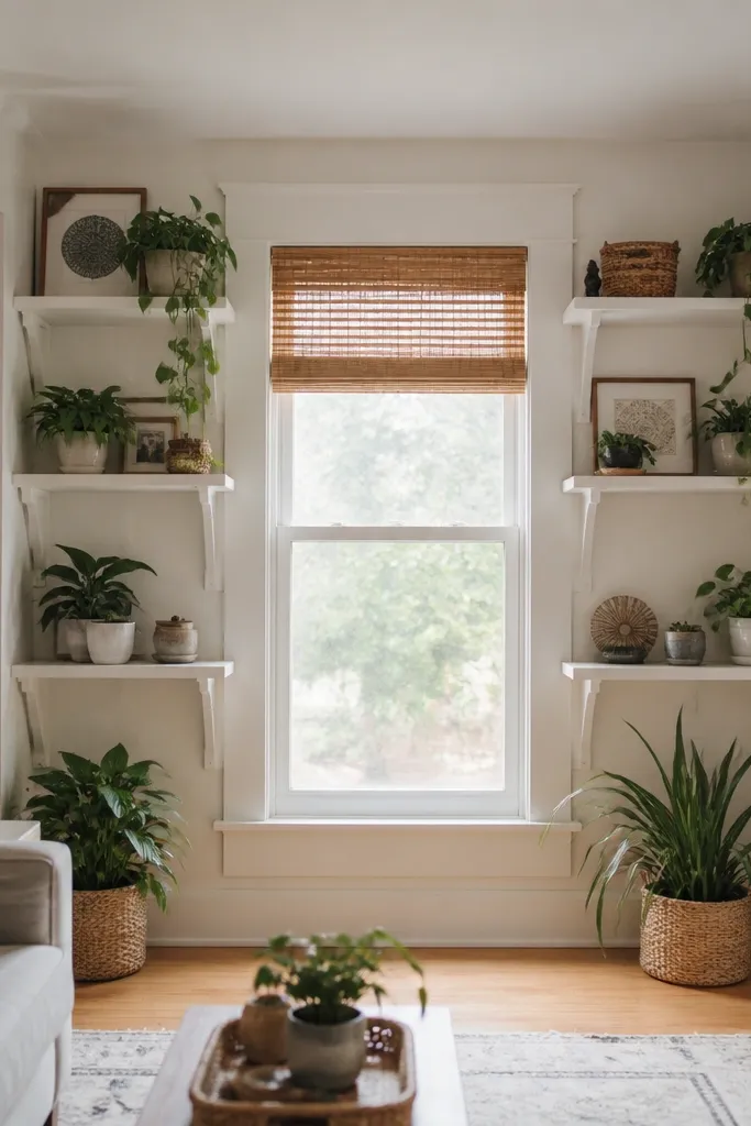 Themed Built-In Shelves Living Room With Plants