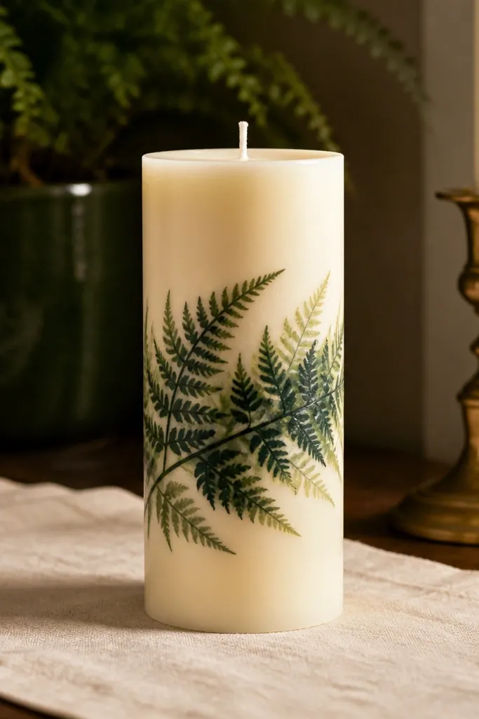 Green fern fronds painted on a cream candle with a dark forest base