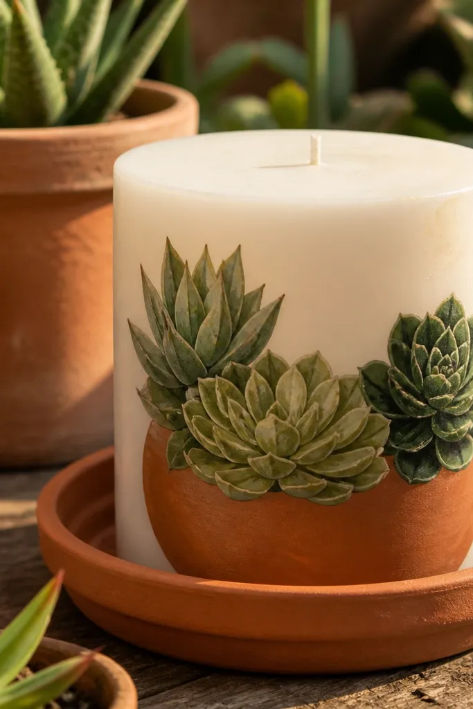Small terracotta pot with three painted succulents in green and cream on a candle