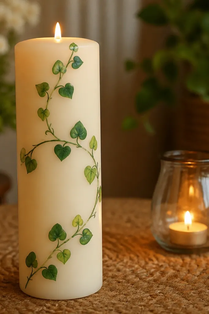 A green vine painted in a loop wrapping around a candle with small leaves