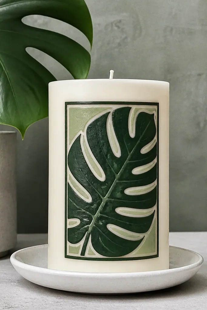 Monstera leaf outline with cut-out shapes inside a thin rectangular frame on a candle
