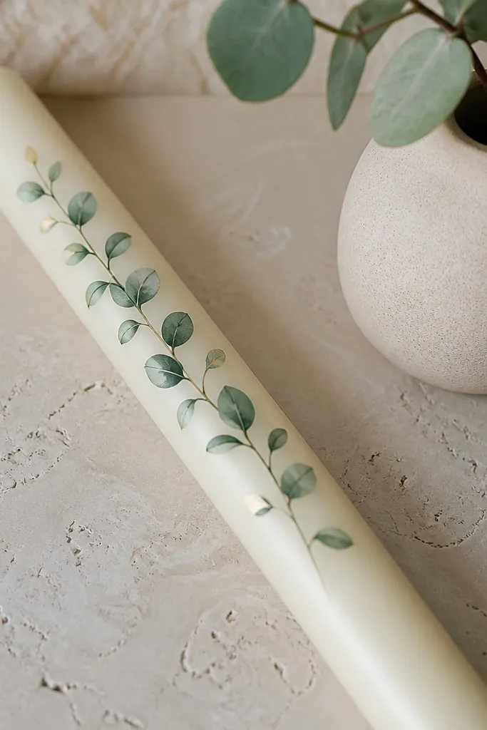 Single eucalyptus branch with soft gray-green leaves on a cream candle
