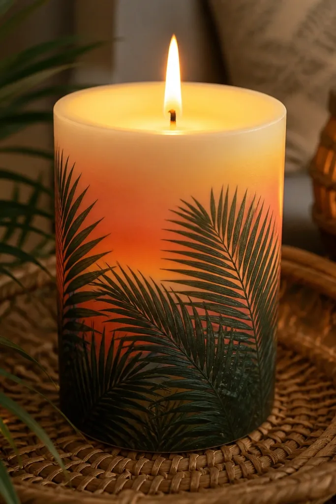 Palm fronds in dark green over a warm orange-yellow gradient background on a candle