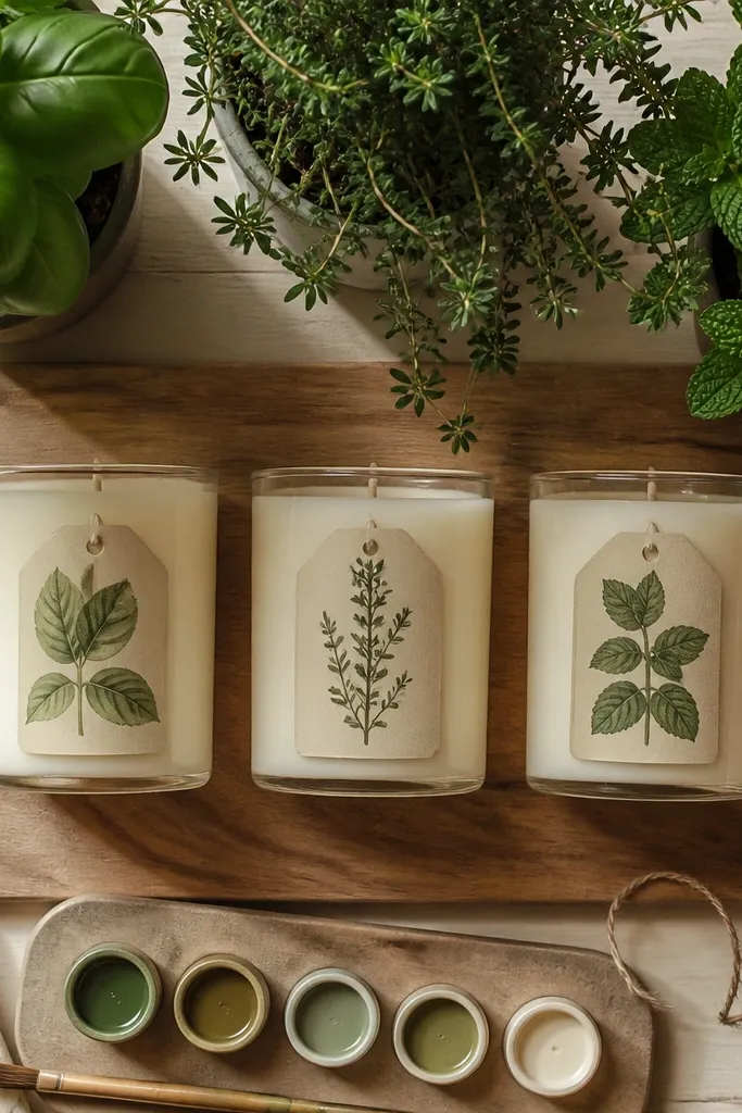 Candle with painted herb name label and small sprigs in green