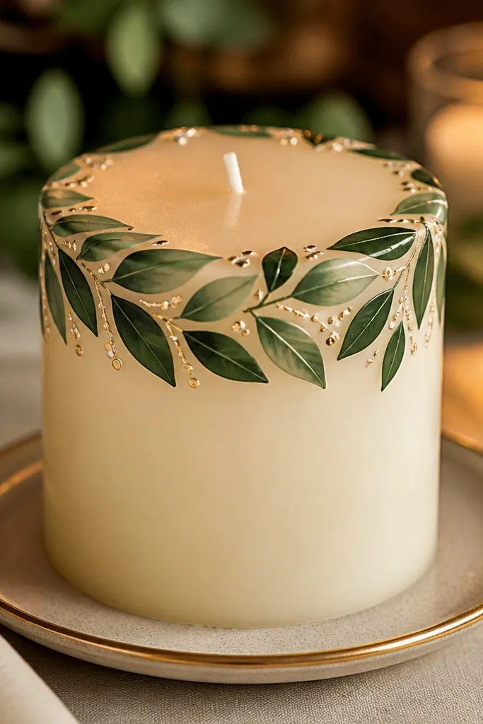 Top of a candle with a semicircle crown of leaves in green and gold